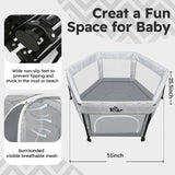 Bear Foldable Baby Playpen with Canopy & Mat, Portable Indoor/Outdoor Play Yard for Toddlers