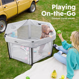 Bear Foldable Baby Playpen with Canopy & Mat, Portable Indoor/Outdoor Play Yard for Toddlers