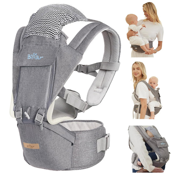 Bear Baby Carrier with Hip Seat, 6-in-1 Ergonomic Design for Newborn to Toddler, Adjustable