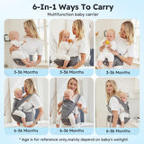 Bear Baby Carrier with Hip Seat, 6-in-1 Ergonomic Design for Newborn to Toddler, Adjustable