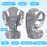 Bear Baby Carrier with Hip Seat, 6-in-1 Ergonomic Design for Newborn to Toddler, Adjustable